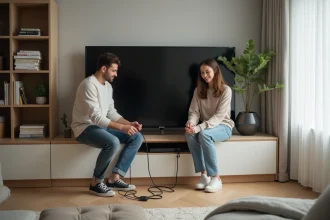 Jeune couple organise des câbles dans le salon cosy