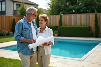 Couple souriant près de la piscine dans le jardin en été