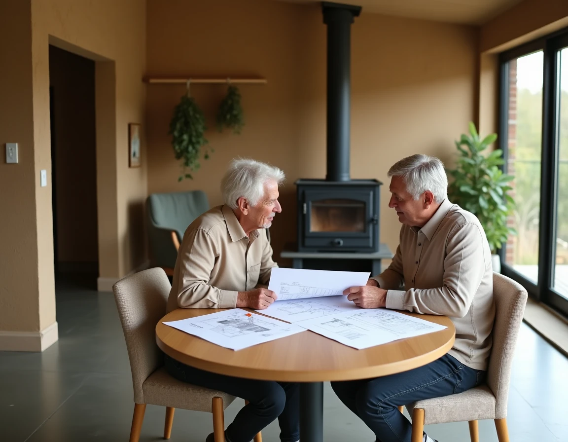 Couple étudiant les plans de rénovation et le diagnostic DPE dans une maison éco-responsable rénovée