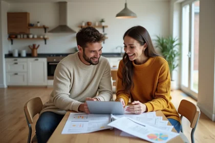 Couple souriant devant documents de renovation maison