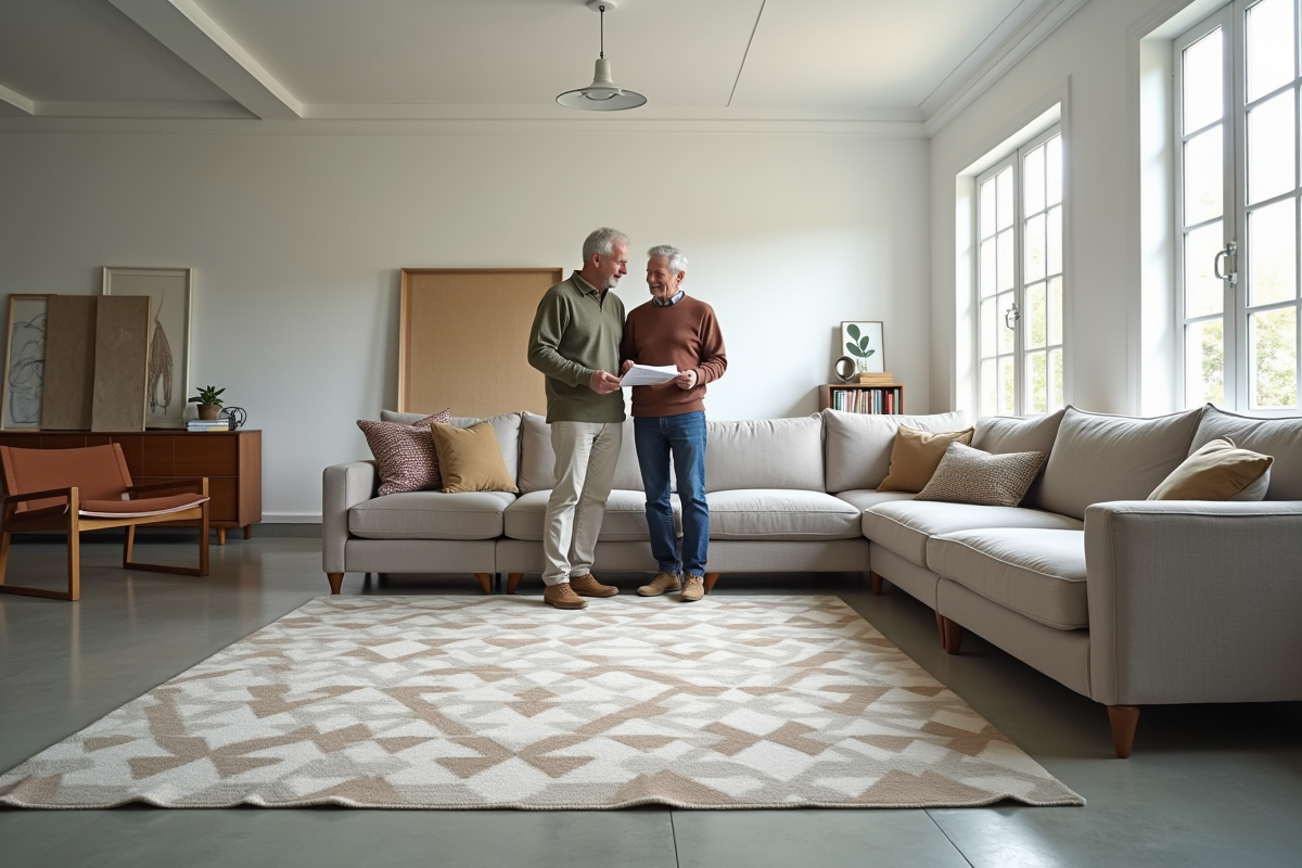 Couple discute de la taille du tapis dans leur salon moderne