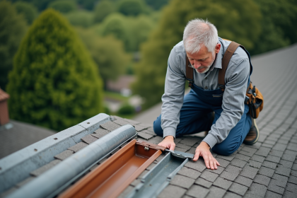 Inspecteur de toiture examinant des gouttières sur un toit résidentiel