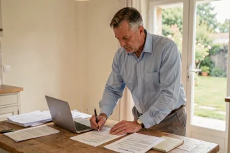Propriétaire consultant un formulaire de déclaration de travaux pour une clôture à son domicile