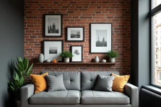 Décoration murale style industriel dans un petit salon avec cadres en métal noir, étagère en bois brut et mur en briques apparentes
