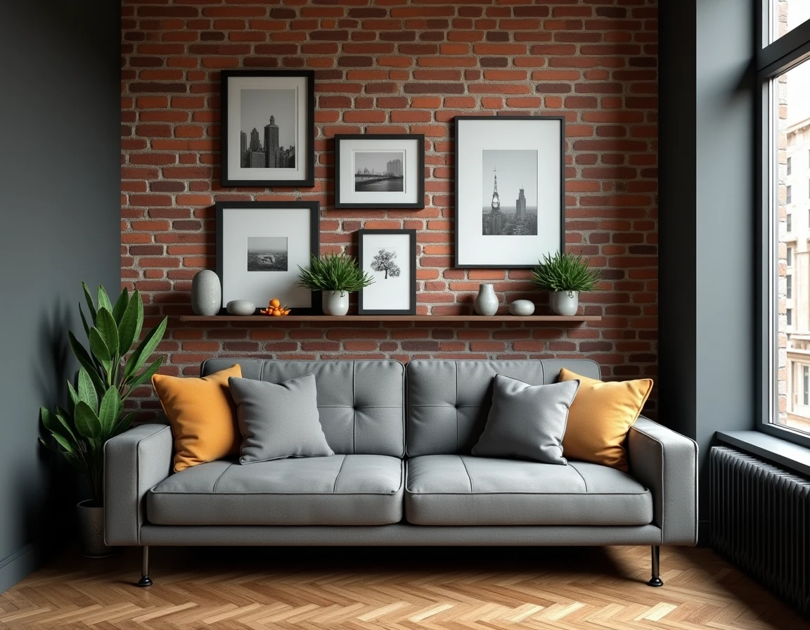 Décoration murale style industriel dans un petit salon avec cadres en métal noir, étagère en bois brut et mur en briques apparentes