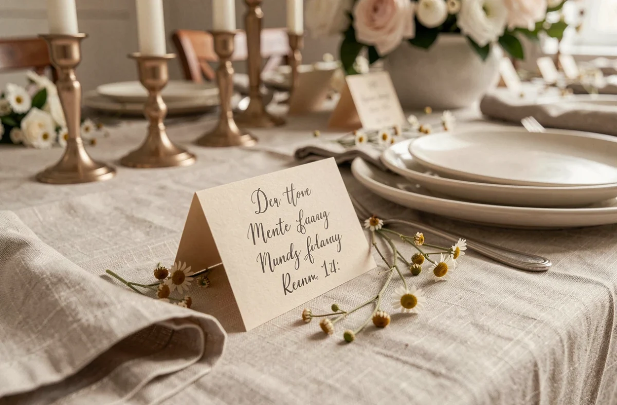 Décoration de table de dîner élégante avec cartes de menu en papier beige calligraphiées, serviettes en lin et vaisselle en céramique ivoire