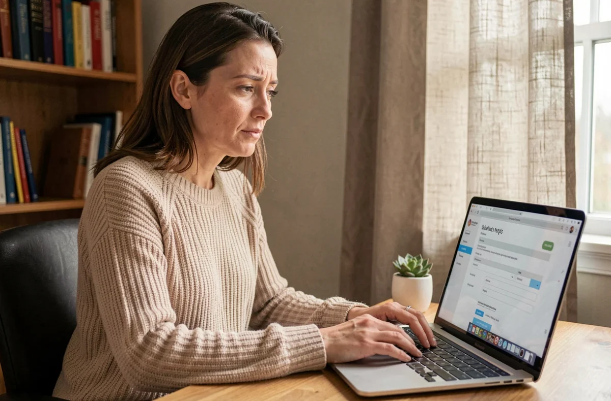Femme effectuant une demande de devis travaux en ligne depuis son domicile