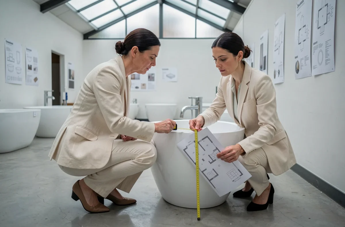 Designer d'intérieur mesurant la longueur d'une baignoire compacte dans un showroom, avec mètre ruban et plan d'aménagement pour petite salle de bain
