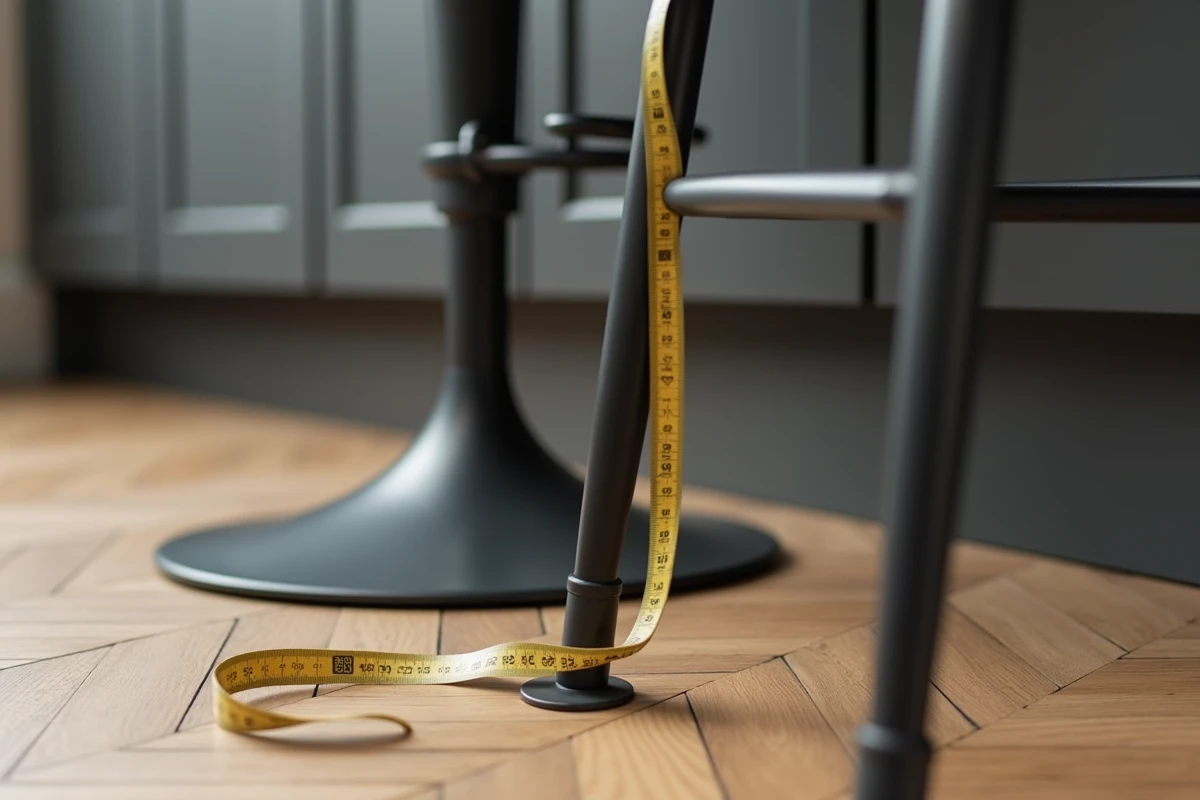 Détail de la hauteur d'une chaise de bar en métal noir mesurée à côté d'un îlot central en bois foncé