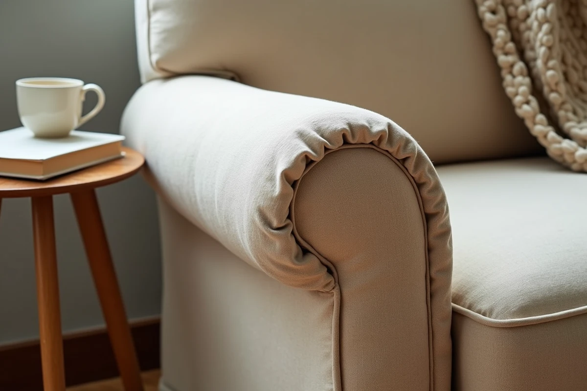 Gros plan d'une housse de fauteuil extensible beige recouvrant un accoudoir usé avec détail des tissus