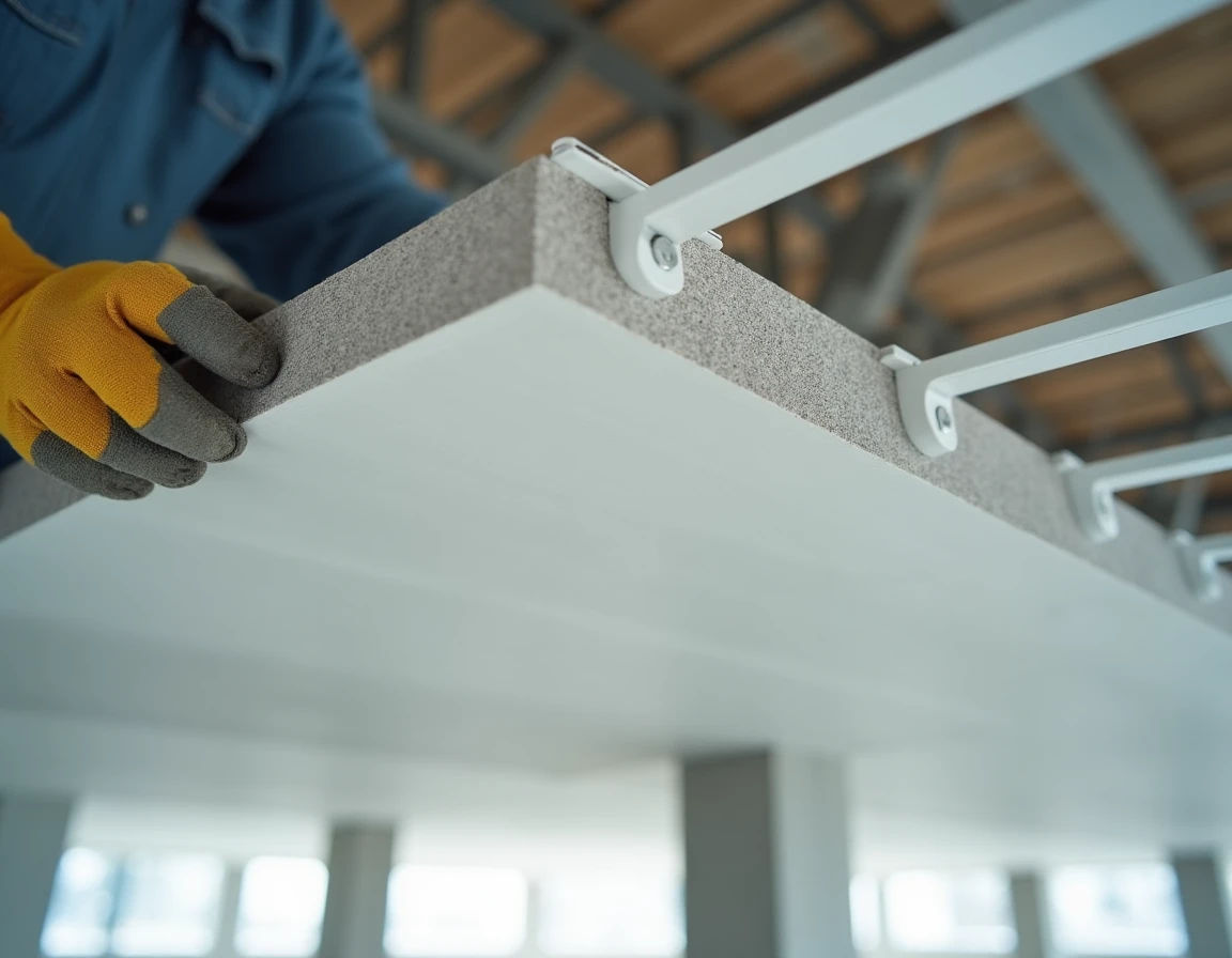Détail de l'assemblage d'une ossature de faux plafond suspendu avec dalles acoustiques dans une grande surface