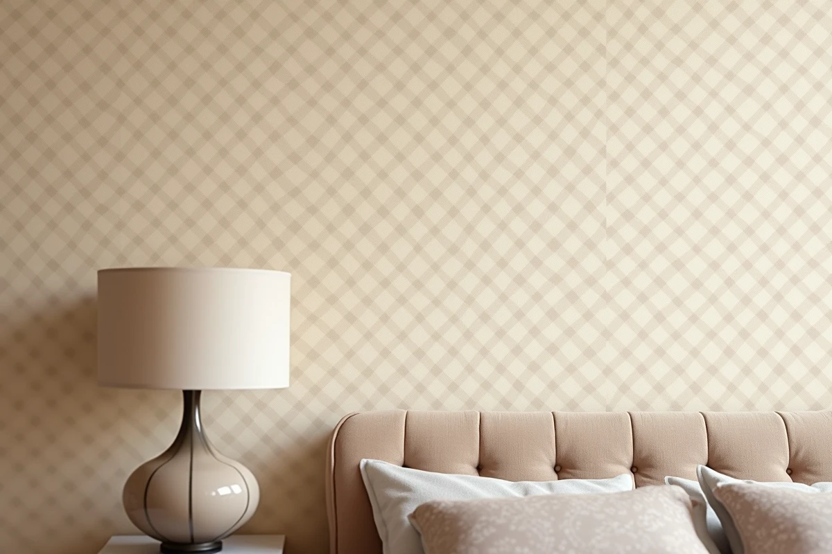 Gros plan sur la texture d'un papier peint beige motif géométrique floral dans une chambre chic