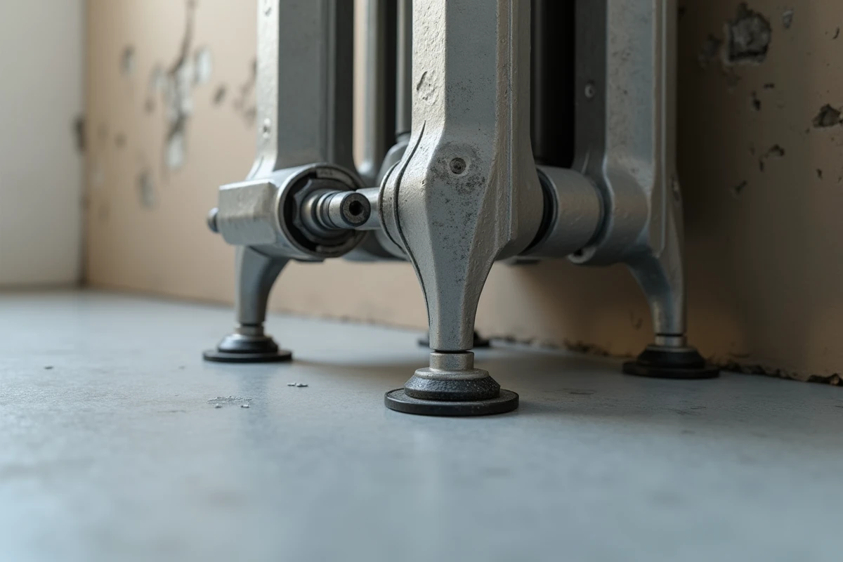 Détail d'un pied de radiateur en acier réglable posé sur sol béton avec console murale abîmée en arrière-plan flou