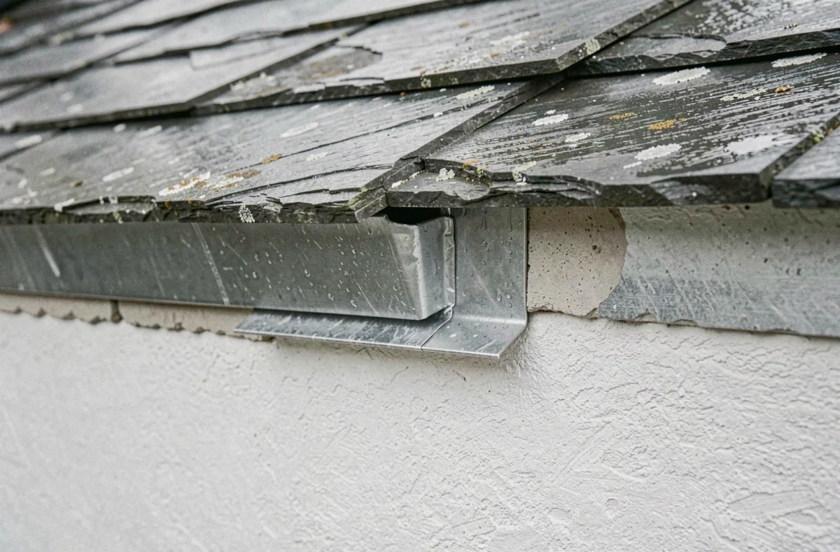 Détail d'un solin en plomb installé à la jonction entre une toiture en ardoise et un mur enduit
