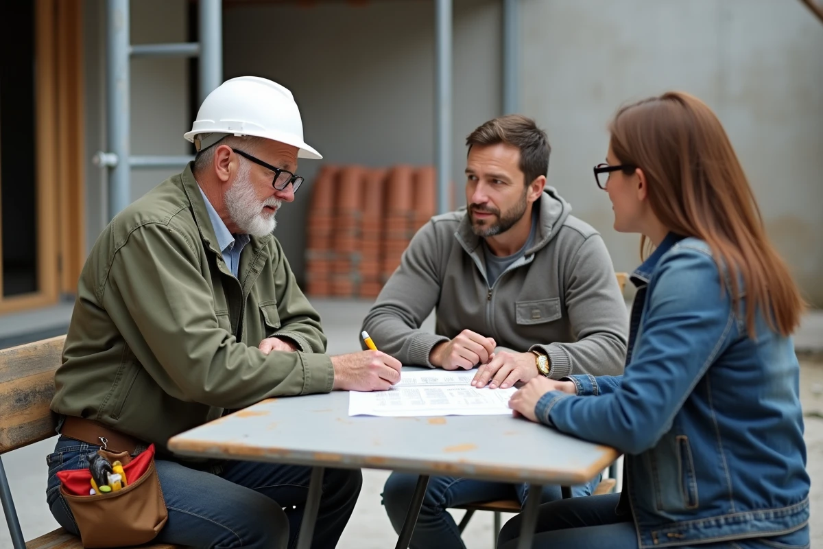 Artisan et propriétaires discutant d'un devis de rénovation de terrasse sur un chantier extérieur