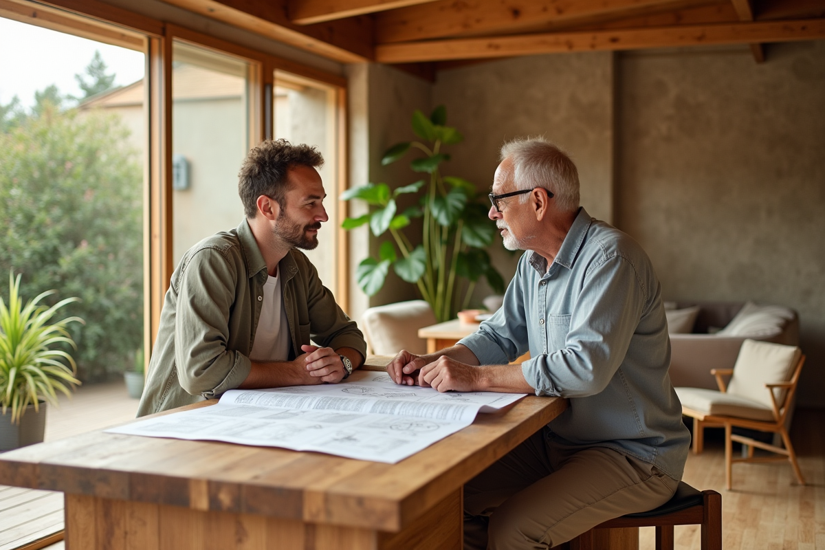 Homme et architecte discutant plans dans maison écologique