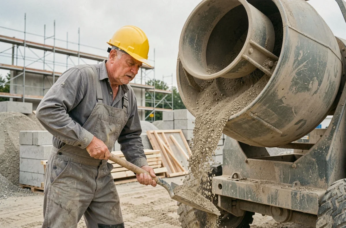 Ouvrier du bâtiment mélangeant sable et gravier dans une bétonnière pour un dosage béton 350 kg sur chantier extérieur