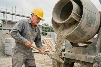 Ouvrier du bâtiment mélangeant sable et gravier dans une bétonnière pour un dosage béton 350 kg sur chantier extérieur
