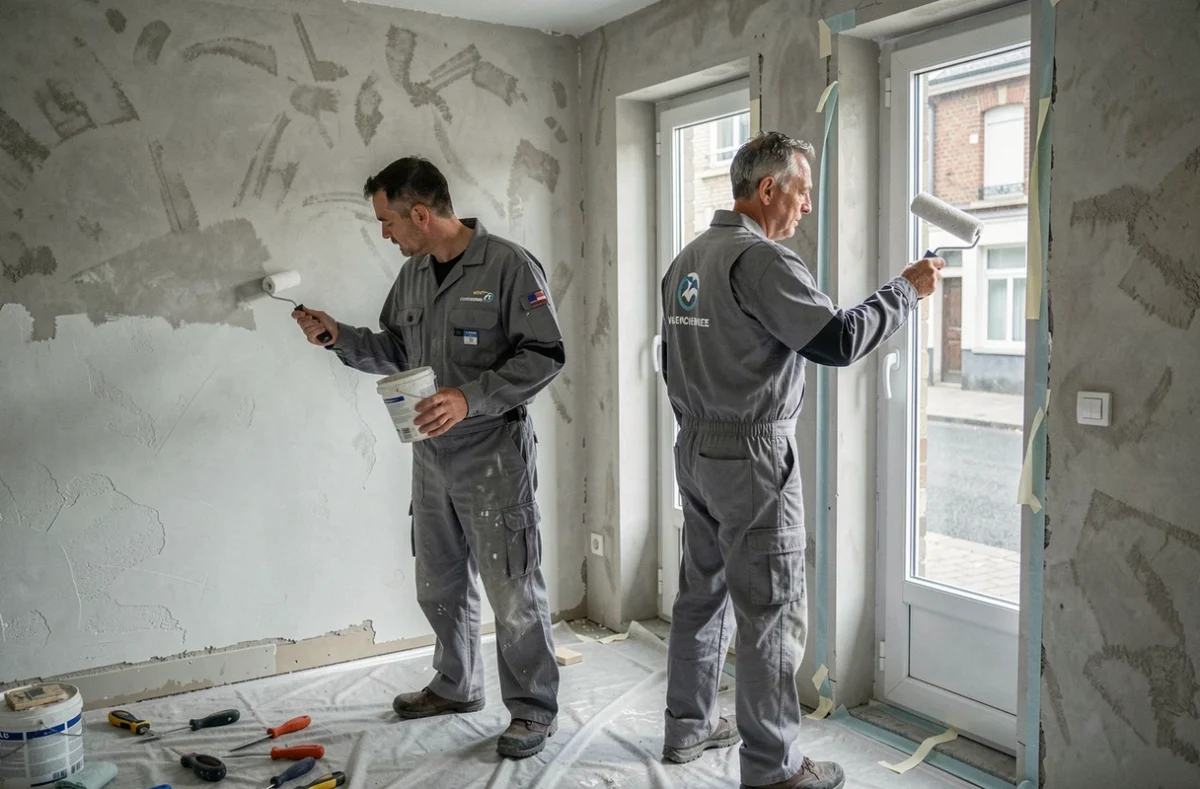 Équipe de DSC Rénovation en train de rénover une pièce à Valenciennes avec pose d'apprêt et masquage