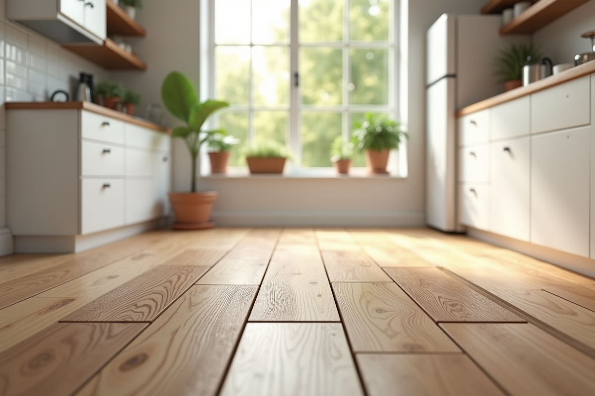 Echantillons de sol en bois variés dans une cuisine lumineuse