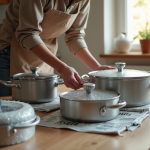 Personne emballant pots et pans avec papier bulle et journal