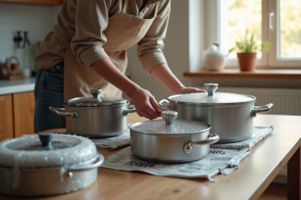 Personne emballant pots et pans avec papier bulle et journal