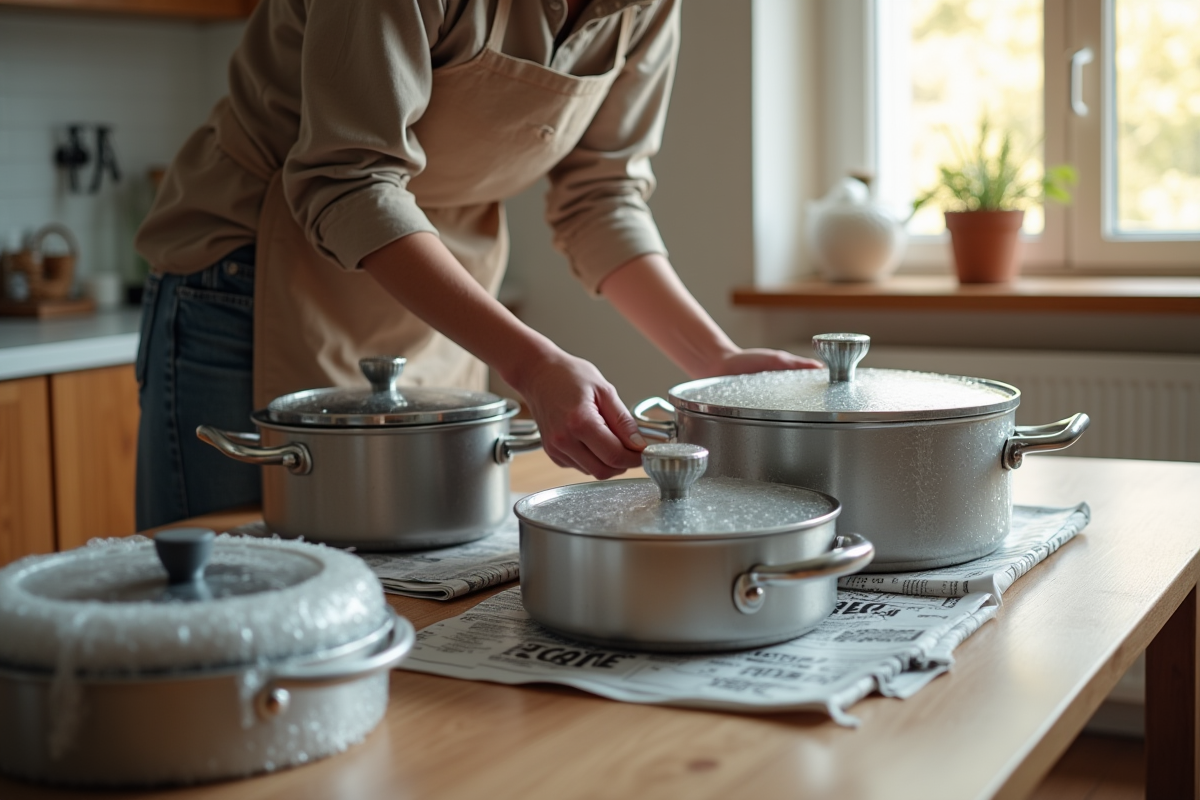 Personne emballant pots et pans avec papier bulle et journal