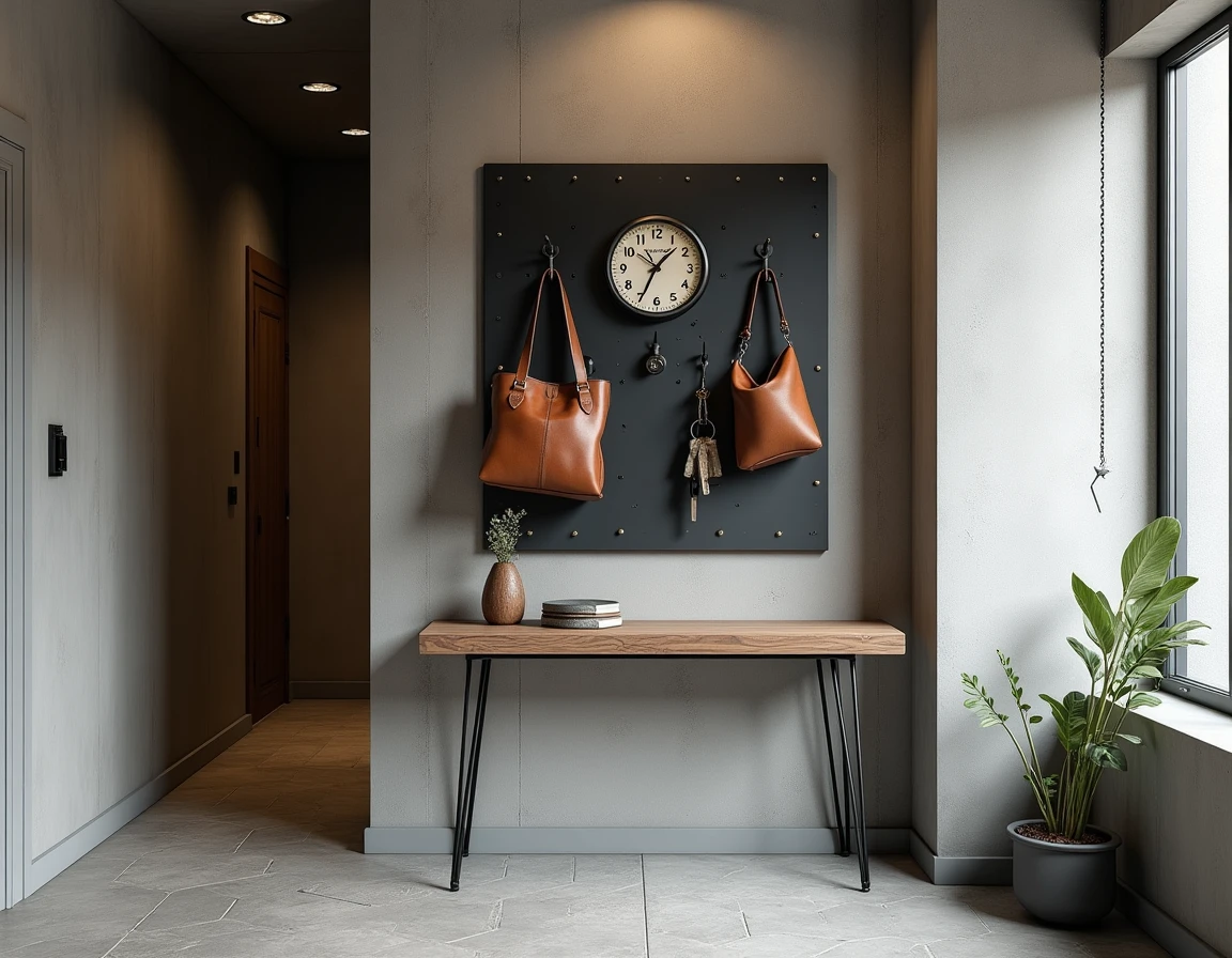 Entrée de petit appartement avec décoration murale industrielle, tableau perforé noir, crochets métal et horloge vintage