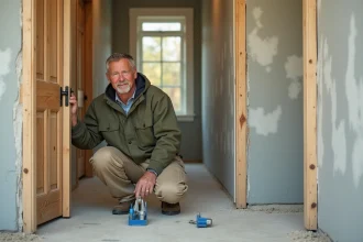 Artisan inspectant une porte d'entrée mal alignée lors de la pose, avec défauts visibles sur le cadre en bois