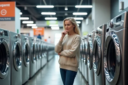 Femme examinant deux lave-linge modernes en magasin