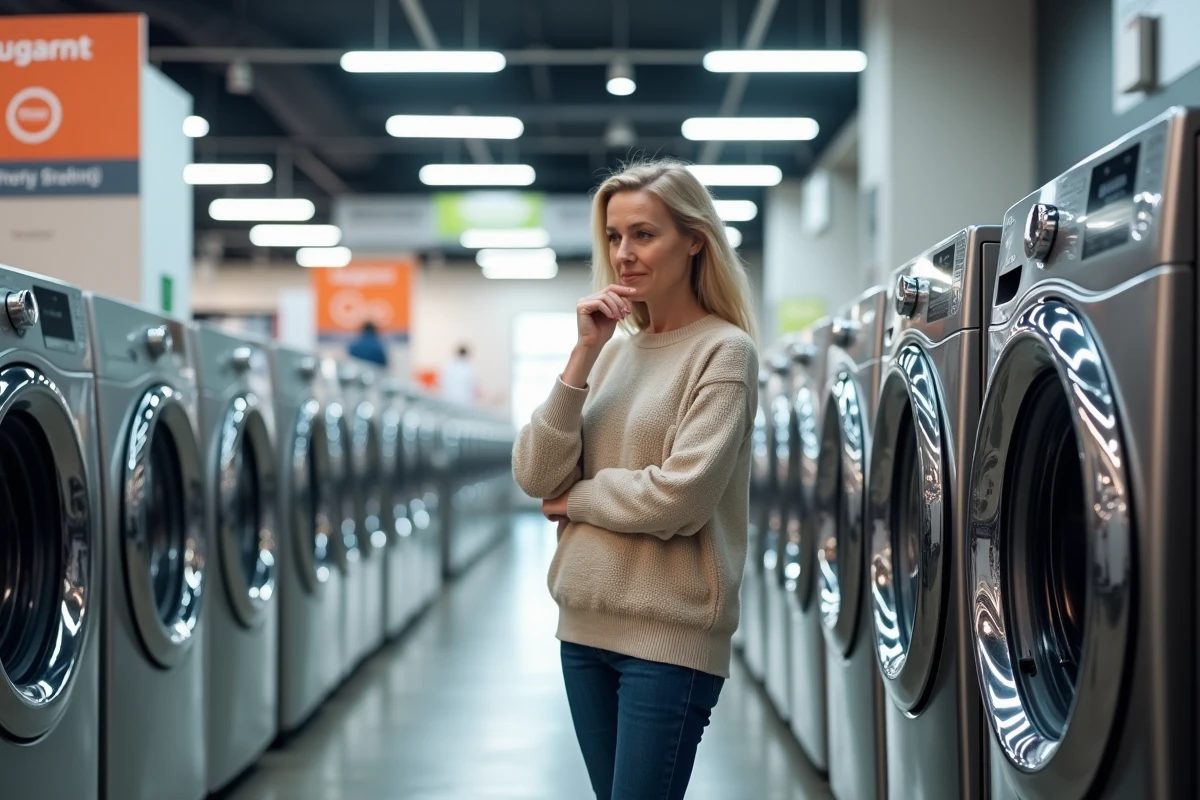 Femme examinant deux lave-linge modernes en magasin