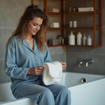 Femme en pyjama bleu dans la salle de bain calme