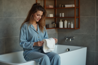 Femme en pyjama bleu dans la salle de bain calme