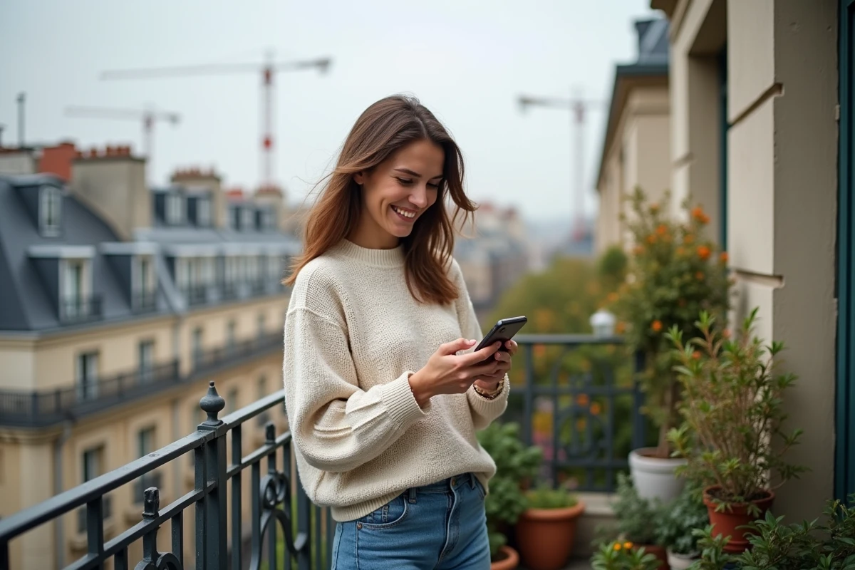 Jeune femme vérifie une application de rénovation sur son smartphone sur le balcon