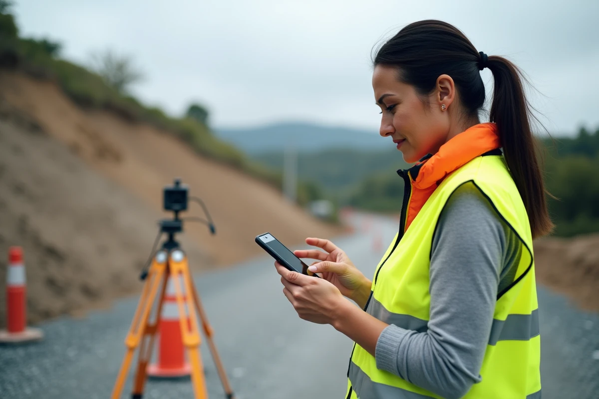 Femme sur un chantier consultant une application de conversion pente degré sur smartphone devant un talus incliné