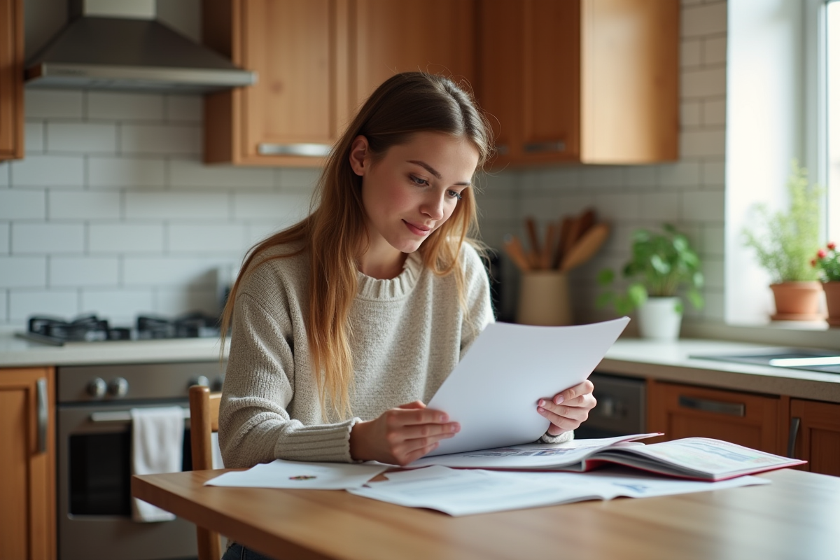 Jeune femme comparant des brochures de systèmes de chauffage d