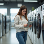 Jeune femme compare deux lave-linge en magasin lumineux