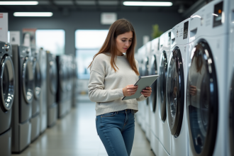 Jeune femme compare deux lave-linge en magasin lumineux