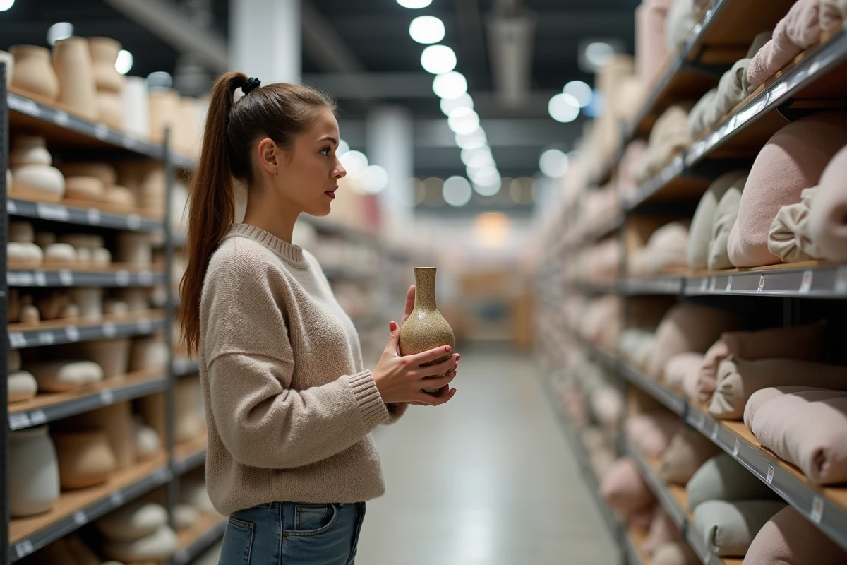 Jeune femme choisissant des vases dans un magasin de décoration