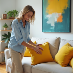 Femme arrangeant des coussins jaunes sur un canapé moderne