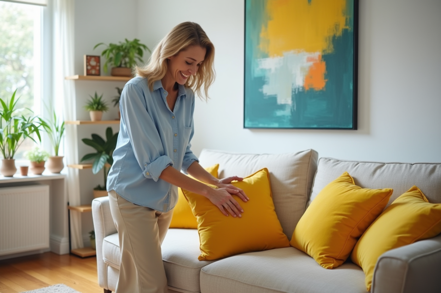 Femme arrangeant des coussins jaunes sur un canapé moderne