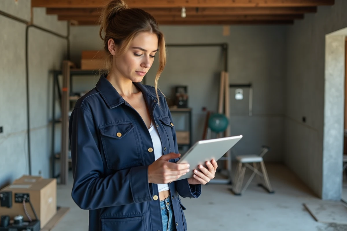 Femme consultant un site de devis en ligne sur tablette dans un salon en cours de rénovation