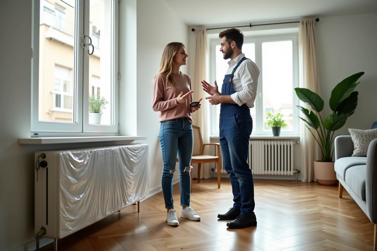 Jeune femme discutant avec un technicien devant un radiateur restauré