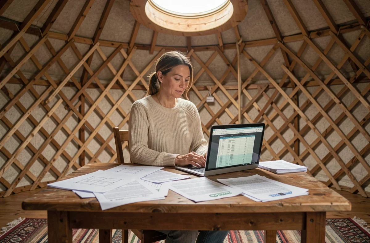 Femme étudiant des documents administratifs et financiers à l'intérieur d'une yourte, entourée de plans et de devis