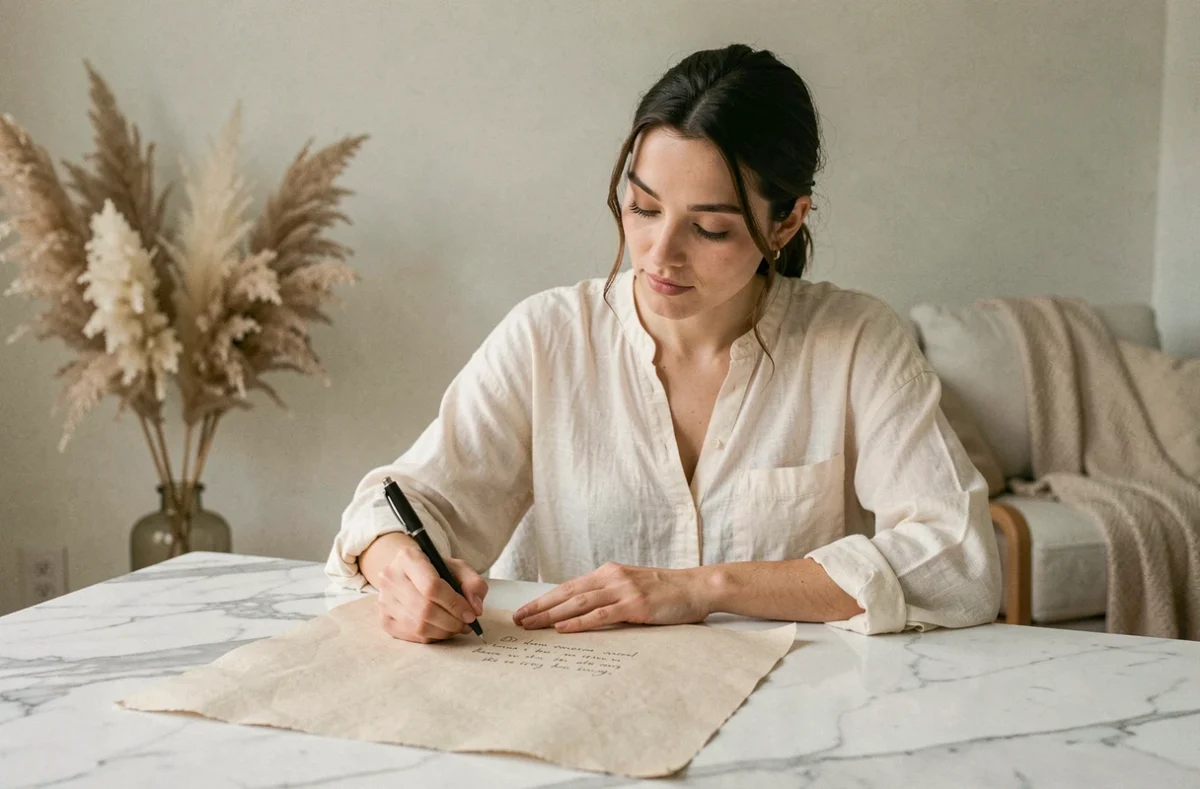 Femme élégante en chemise en lin crème écrivant sur du papier beige épais dans un intérieur scandinave minimaliste