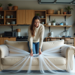 Femme en jeans emballant un canapé beige dans un garage spacieux