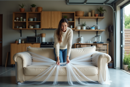 Femme en jeans emballant un canapé beige dans un garage spacieux