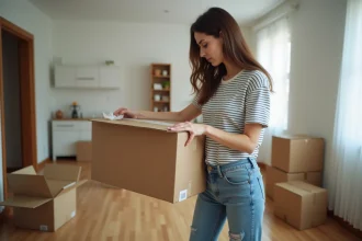 Jeune femme emballant une boxe dans un salon