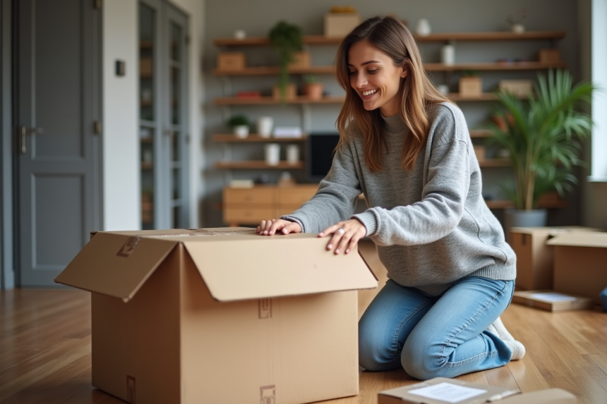 Femme emballant des cartons dans un appartement moderne
