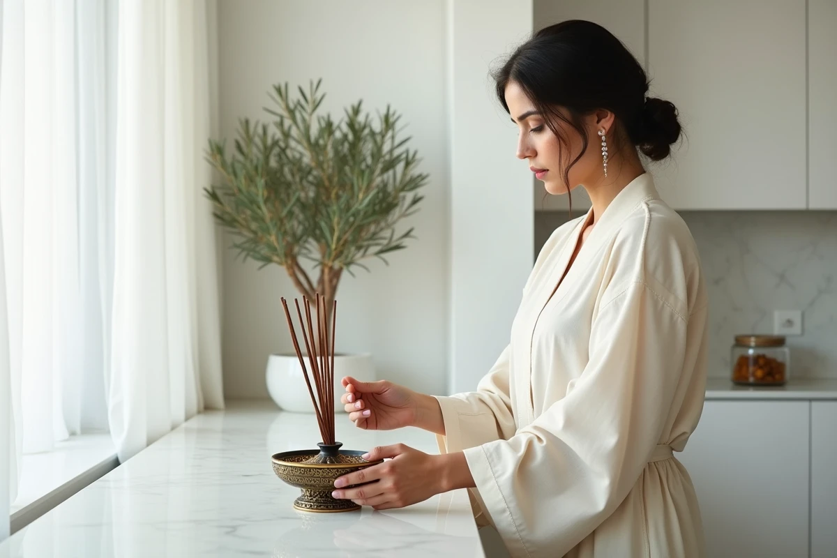 Femme préparant de l'encens arabe bakhoor dans un appartement moderne minimaliste, décoration parfumée élégante